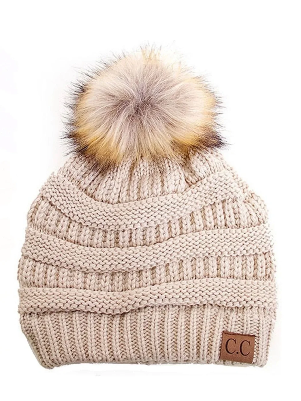 C.C Women’s Knit Pom Beanie in Cream with Faux Fur